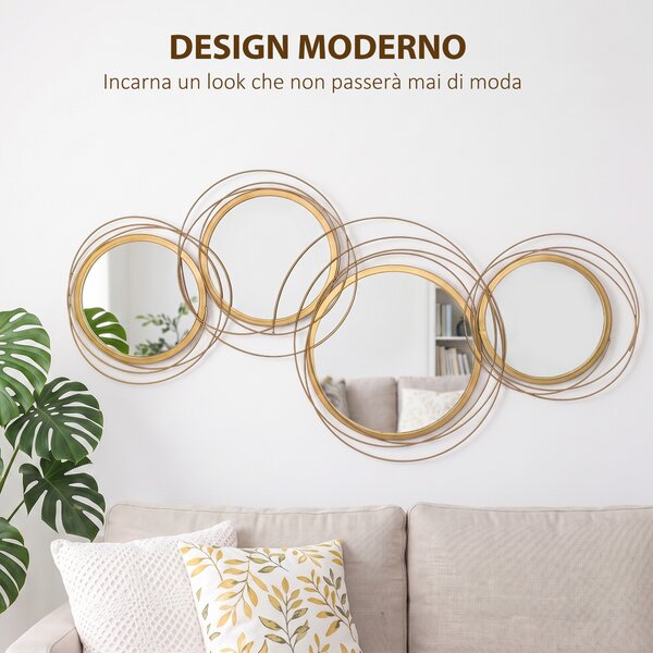 HOMCOM Decorazione Murale 3D in Metallo, Wall Art a Cerchi con Specchi 107x56cm, Oro|Aosom