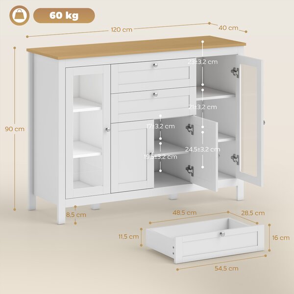 HOMCOM Mobile Cucina con 2 Cassetti e 3 Armadietti, Ante in Vetro e Ripiani Regolabili, 120x40x90 cm, Bianco e Rovere | Aosom Italy
