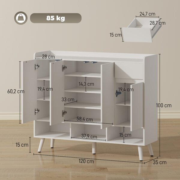 HOMCOM Scarpiera Ingresso in Legno con 4 Ante Design Push-to-Open, Ripiani Regolabili, Cassetto, 3 Vani Aperti, Bianco | Aosom Italy