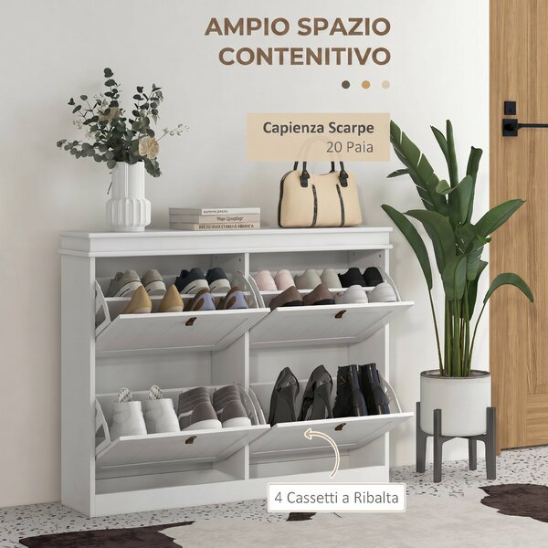 HOMCOM Scarpiera Salvaspazio Slim con 4 Ante a Ribalta, Ripiani Regolabili, Maniglia, per 10-20 Paia, Bianco | Aosom Italy
