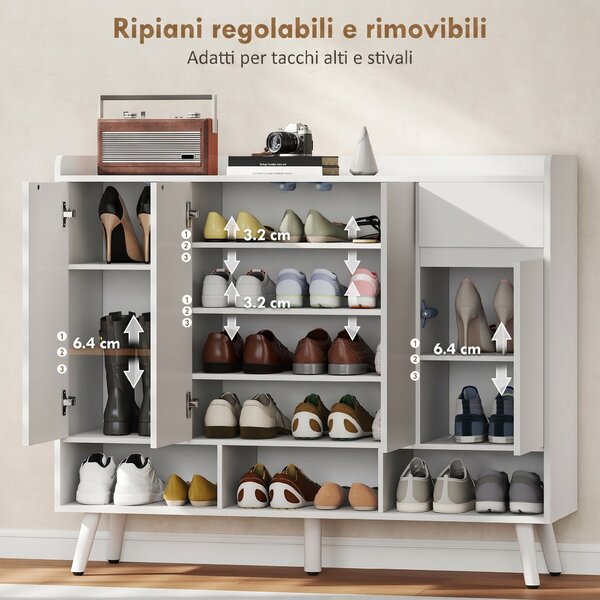 HOMCOM Scarpiera Ingresso in Legno con 4 Ante Design Push-to-Open, Ripiani Regolabili, Cassetto, 3 Vani Aperti, Bianco | Aosom Italy