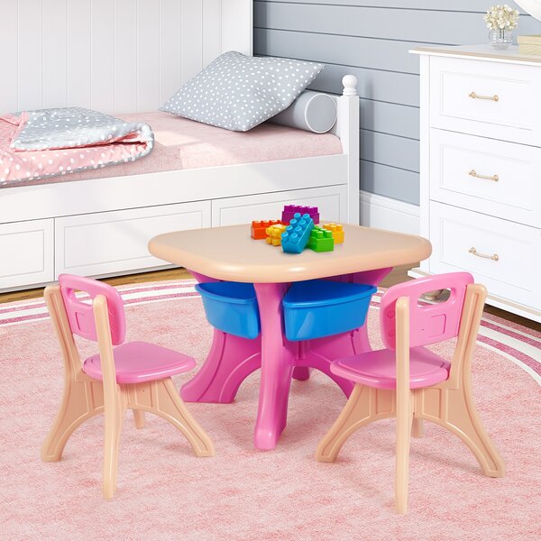 Costway Set Tavolo e sedie per bambini con capacità di peso 80kg, contenitore smontabile 70x70x50cm, Colorato