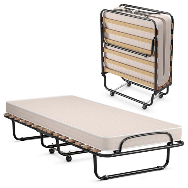 Costway Letto pieghevole con materasso in memory foam spesso, Letto portatile con 4 ruote girevoli 190x80x33cm Beige