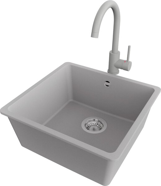 Lavello PRIMAGRAN in granito grigio 46x44cm, lavello 1 vasca + rubinetto cucina 32x20cm + set di scarico, lavello cucina da base 50 cm - Venice Slim Easy