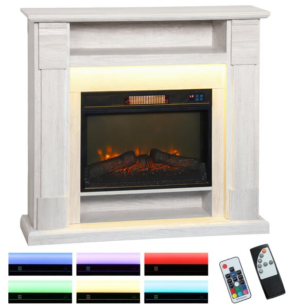 Camino Elettrico 1800W Regolabile con Fiamma 3D, Ripiano, Timer e Telecomando, 105x27x97 cm, color Legno