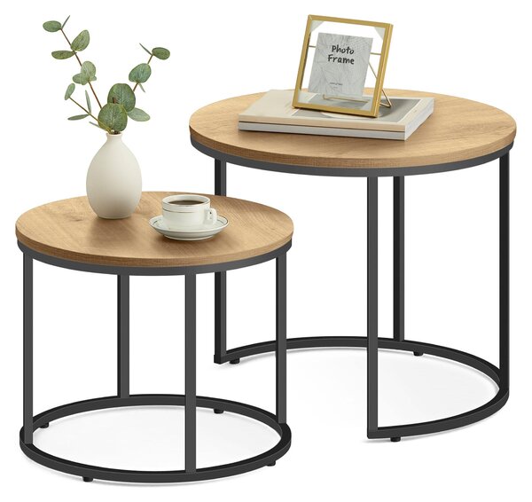 Set di 2 tavolini rotondi Tavolino Loft Design 2 in 1 Incastro Superficie antigraffio, Soggiorno | Rovere Sonoma con gambe nere