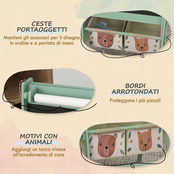 AIYAPLAY Lavagna per Bambini con Cavalletto 3 in 1 e 2 Contenitori, Età 3-8 anni, 54x46.5x93cm, Verde|Aosom