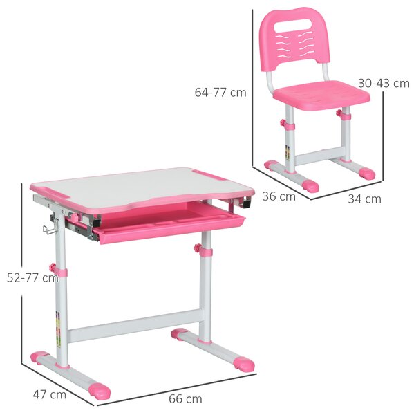 HOMCOM Set Tavolo e Sedie per Bambini 6-12 Anni con scrivania e Altezza Regolabile, Piano Inclinabile, 66x47x52-77 cm, Rosa|Aosom Italy