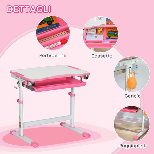 HOMCOM Set Tavolo e Sedie per Bambini 6-12 Anni con scrivania e Altezza Regolabile, Piano Inclinabile, 66x47x52-77 cm, Rosa|Aosom Italy