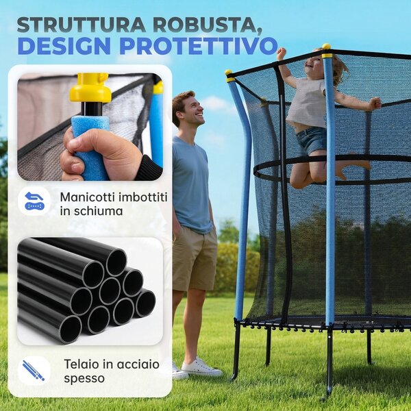 HOMCOM Tappeto Elastico per Bambini con Ingresso a Cerniera e Pali Imbottiti, in Acciaio, PP e EPE, Ø163.5x190 cm, Azzurro
