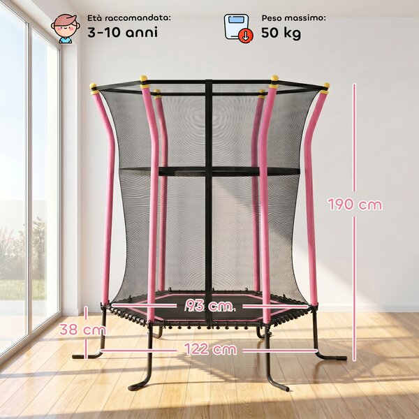 HOMCOM Tappeto Elastico per Bambini con Ingresso a Cerniera e Pali Imbottiti, in Acciaio, PP e EPE, Ø163.5x190 cm, Rosa