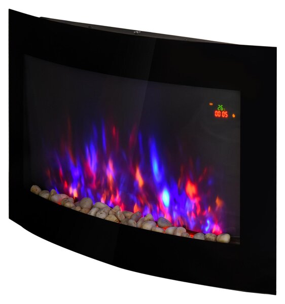 Caminetto Elettrico da Parete con Effetto Fiamma Colorato e Telecomando, Camino Elettrico 1800W con Temperatura Regolabili, Termostato, Nero