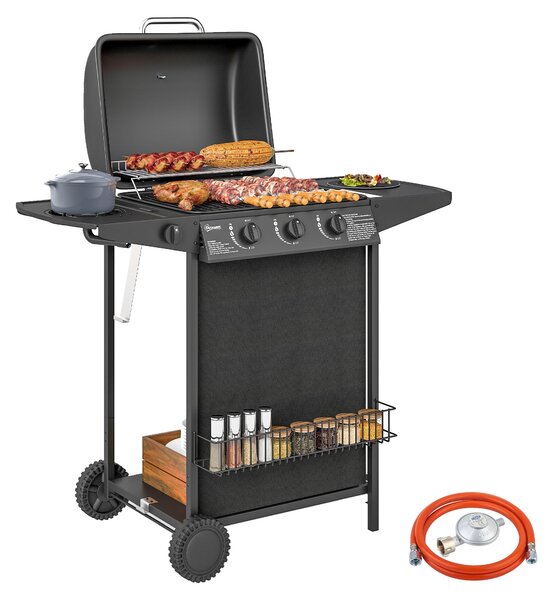 Barbecue a Gas con 4 Bruciatori Indipendenti e Coperchio con Termometro, 108x54x97 cm, Nero