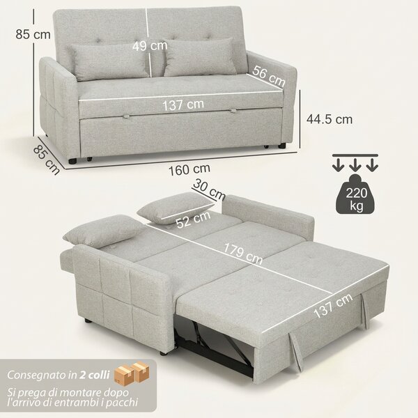 HOMCOM Divano 2 Posti Convertibile in Divano Letto Clic Clac con 2 Cuscini in Tessuto, Grigio Chiaro | Aosom Italy