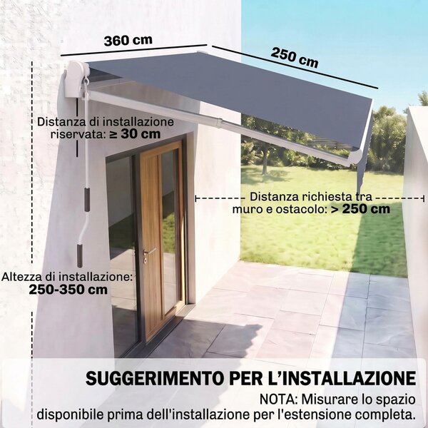 Outsunny Tenda da Sole a Bracci Avvolgibile con Apertura a Manovella in acciaio per Esterno, 360x250 cm, Grigio | Aosom Italy