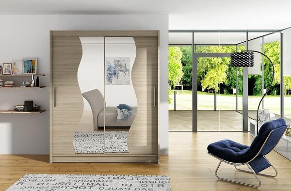 Armadio con specchio - Armadio scorrevole per camera da letto - Contenitore per abiti - Porta scorrevole salvaspazio - 150 x 200 cm - Finitura Sonoma