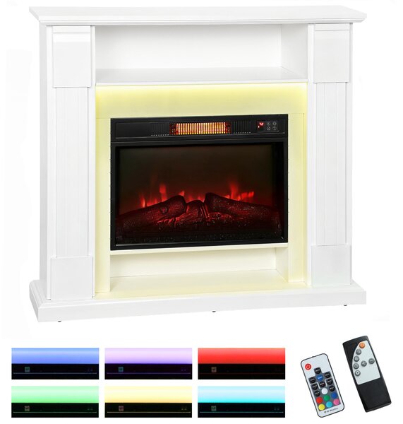 Camino Elettrico 1800W Regolabile con Fiamma 3D, Ripiano, Timer e Telecomando, 105x27x97 cm, Bianco