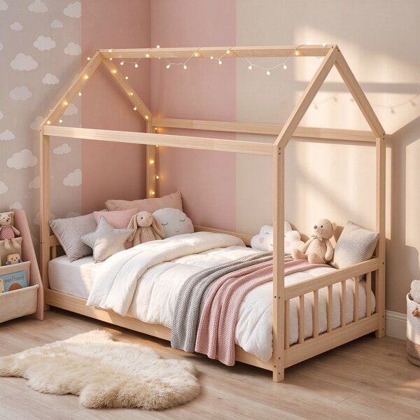 HOMCOM Struttura Letto per Bambini a Forma di Casetta con Doghe e Recinzione, in Legno di Pino, Color Legno | Aosom Italy