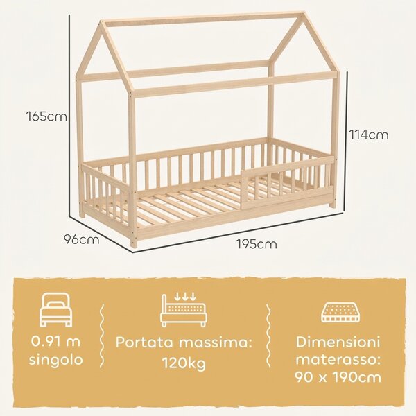 HOMCOM Struttura Letto per Bambini a Forma di Casetta con Doghe e Recinzione, in Legno di Pino, Color Legno | Aosom Italy