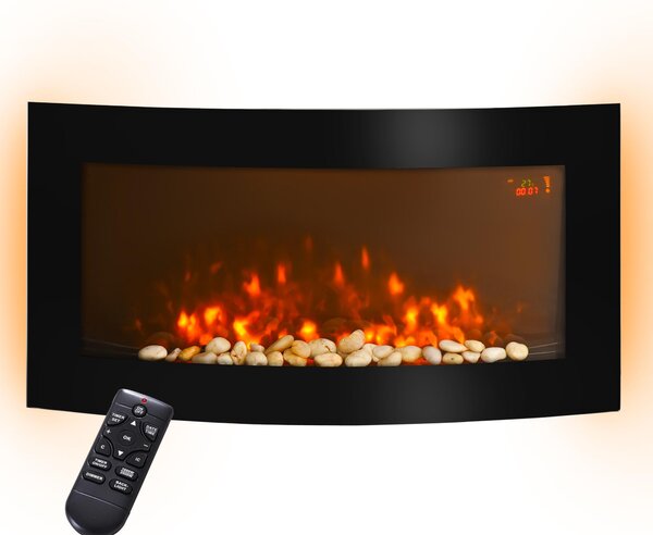 Camino Elettrico a Parete con Luce LED a 7 Colori, Potenza 1000/2000W e Temperatura 15-30°C, Nero