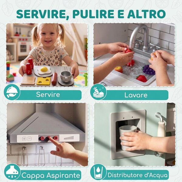 AIYAPLAY Cucina Giocattolo per Bambini in Legno con Luci, Suoni, Accessori, Frigo, Forno, Macchina Caffè, Verde Chiaro | Aosom Italy