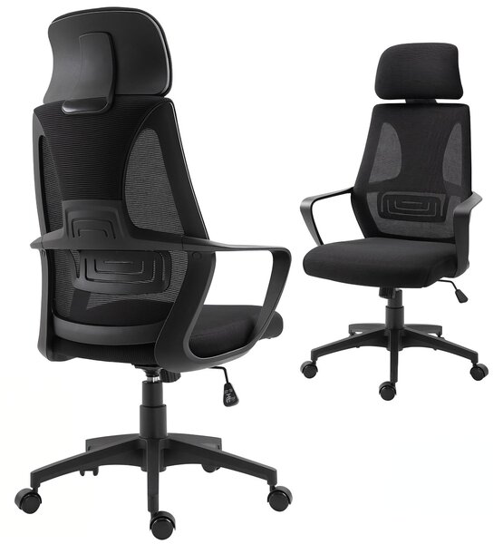 Sedia da Ufficio Reclinabile con Poggiatesta e Supporto Lombare, in Poliestere, 64x55x116-126 cm, Nero