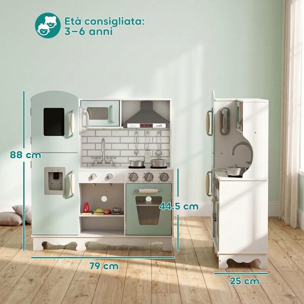 AIYAPLAY Cucina Giocattolo per Bambini in Legno con Luci, Suoni, Accessori, Frigo, Forno, Macchina Caffè, Verde Chiaro | Aosom Italy