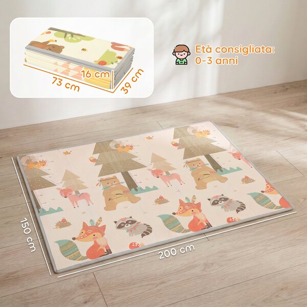 AIYAPLAY Tappeto Gioco Bambini 200x150x1.5 cm a Tema Bosco Pieghevole Reversibile in XPE, 0-3 Anni, Multicolore | Aosom Italy