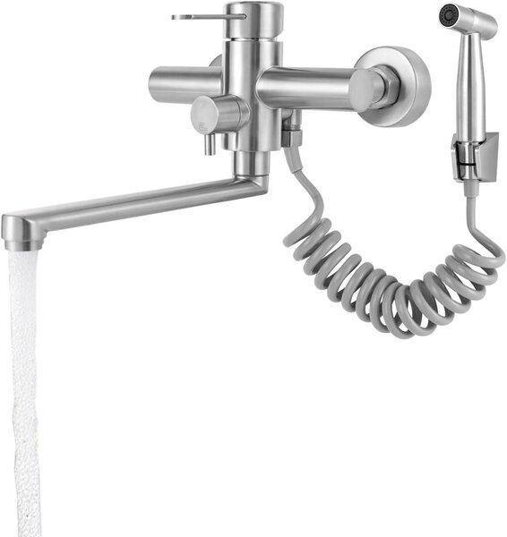 Rubinetto da cucina, montaggio a parete - Miscelatore per lavello - Facile da usare - 3 modalità di erogazione dell'acqua - Distanza tra i fori di montaggio: 15 cm - Argento