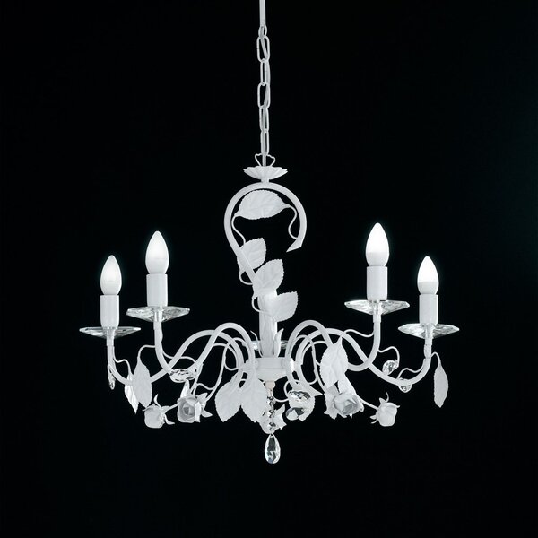 Lampadario Bouquet 5 luci in ferro bianco shabby con bombege e cristallo
