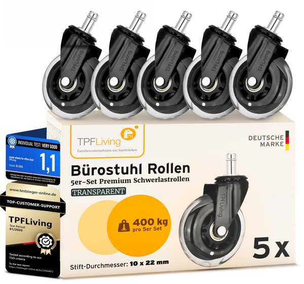 Set di 5 ruote per sedie da ufficio, diametro 10 mm, con scorrimento silenzioso