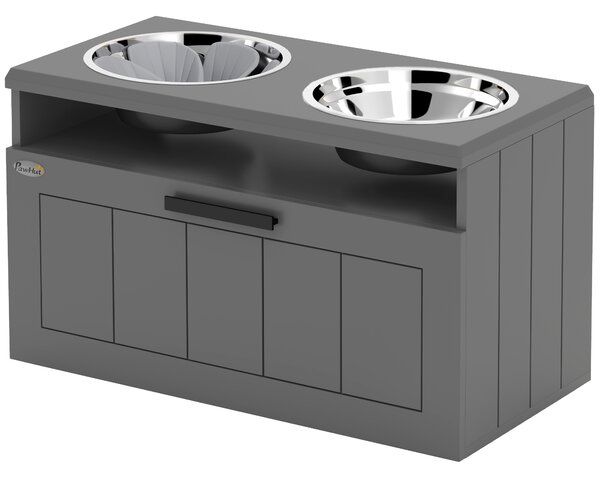 PawHut Stazione alimentazione per cani grandi, con 2 ciotole in acciaio inox, cassetto, distributore di cibo per animali, MDF, acciaio, grigio | Aosom Italy