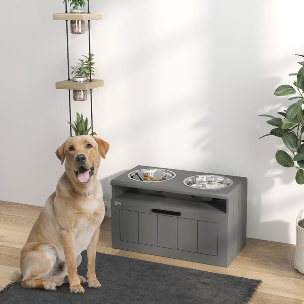 PawHut Stazione alimentazione per cani grandi, con 2 ciotole in acciaio inox, cassetto, distributore di cibo per animali, MDF, acciaio, grigio | Aosom Italy