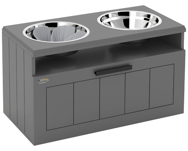 PawHut Stazione alimentazione per cani grandi, con 2 ciotole in acciaio inox, cassetto, distributore di cibo per animali, MDF, acciaio, grigio | Aosom Italy
