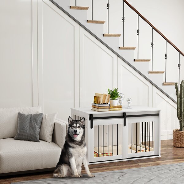 PawHut Box per cani con porta scorrevole, ventilazione, pannello truciolare e acciaio, 98 x 58 x 61 cm, noce | Aosom Italy