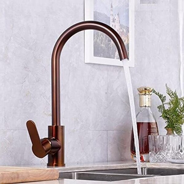 Rubinetto da cucina - Rubinetto per lavello - Acqua fredda e calda - Bocchetta girevole - Unica maniglia - Ottone spazzolato