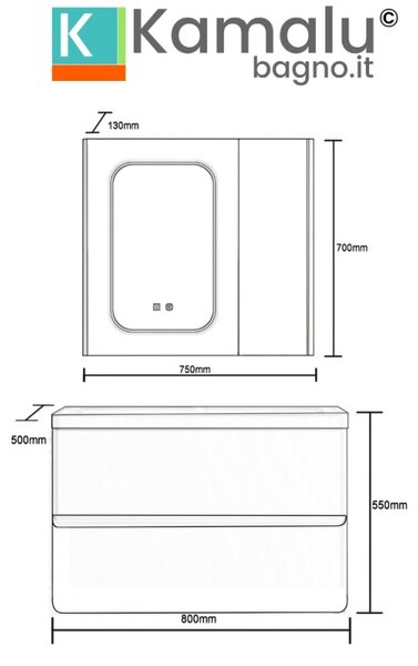 Kamalu mobile bagno 80 cm lavabo integrato e specchio contenitore | kam-sm80