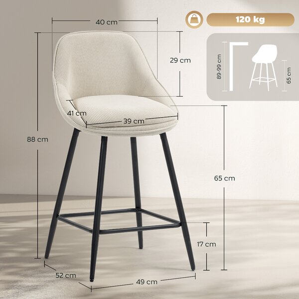 HOMCOM Set da 2 sgabelli con rivestimento in velluto a coste e gambe in acciaio, sedie imbottite per isola cucina, sala da pranzo, Crema | Aosom Italy