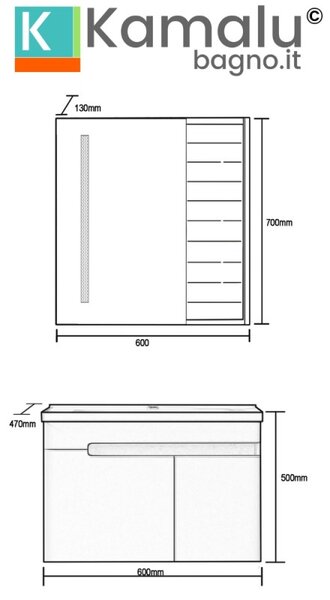 Kamalu mobile bagno 60 cm lavabo integrato e specchio contenitore | kam-ns60