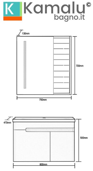 Kamalu mobile bagno 80 cm lavabo integrato e specchio contenitore | kam-ns80