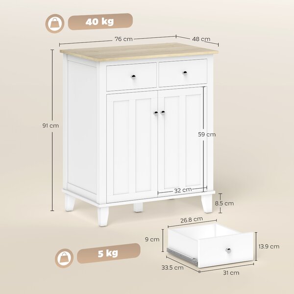 HOMCOM Buffet da cucina mobile contenitore per camera, salotto o ufficio con 2 porte e 2 cassetti 76 x 48 x 91 cm bianco | Aosom Italy