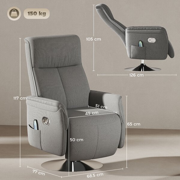HOMCOM Poltrona relax massaggiante poltrona relax reclinabile girevole schienale e poggiapiedi regolabili 68,5x77x117cm grigio | Aosom Italy