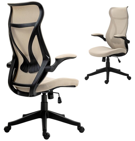 Sedia da Ufficio con Braccioli Ribaltabili, Altezza Regolabile e Schienale Inclinabile, Beige