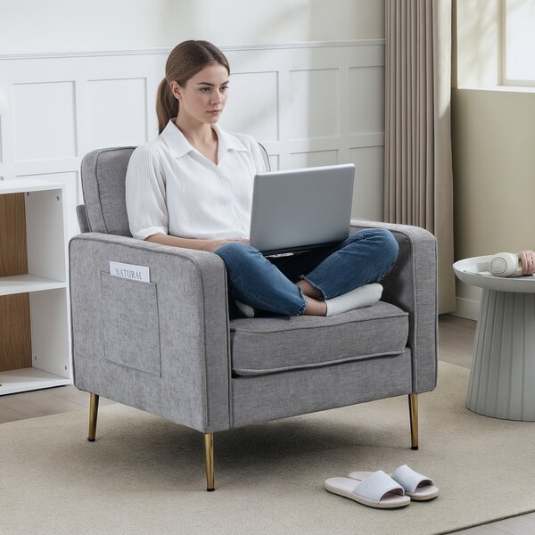 HOMCOM Poltrona in tessuto con piedi in acciaio dorato, grande comfort, tasche laterali, per salotto, ufficio, camera, grigio | Aosom Italy