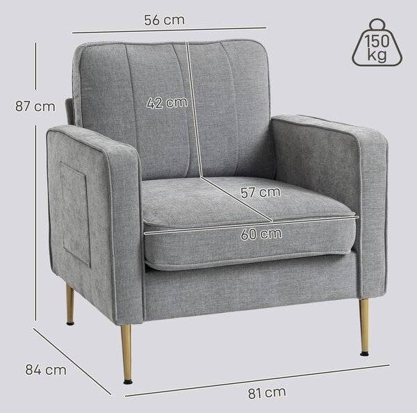 HOMCOM Poltrona in tessuto con piedi in acciaio dorato, grande comfort, tasche laterali, per salotto, ufficio, camera, grigio | Aosom Italy