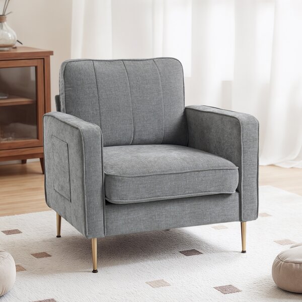 HOMCOM Poltrona in tessuto con piedi in acciaio dorato, grande comfort, tasche laterali, per salotto, ufficio, camera, grigio | Aosom Italy