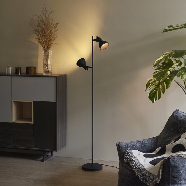 Lampada da terra industriale nera con legno a 2 luci - Jakub