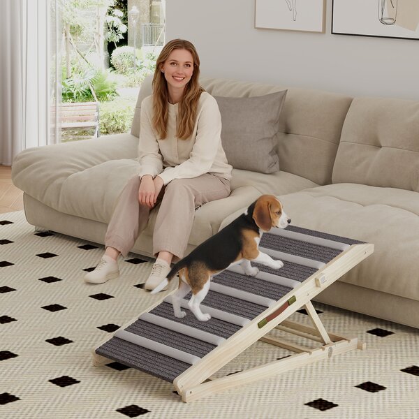 PawHut Rampa per Cani Pieghevole e Altezza Regolabile 35-50 cm Rampa per Animali in Legno con Tappetino Antiscivolo | Aosom Italy