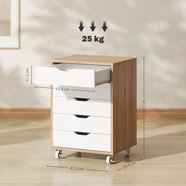 Vinsetto Cassettiera da ufficio mobile, mobiletto portaoggetti su ruote, 5 cassetti, 47,5 x 39,5 x 67,5 cm, bianco e rovere | Aosom Italy