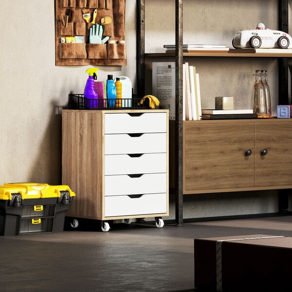 Vinsetto Cassettiera da ufficio mobile, mobiletto portaoggetti su ruote, 5 cassetti, 47,5 x 39,5 x 67,5 cm, bianco e rovere | Aosom Italy